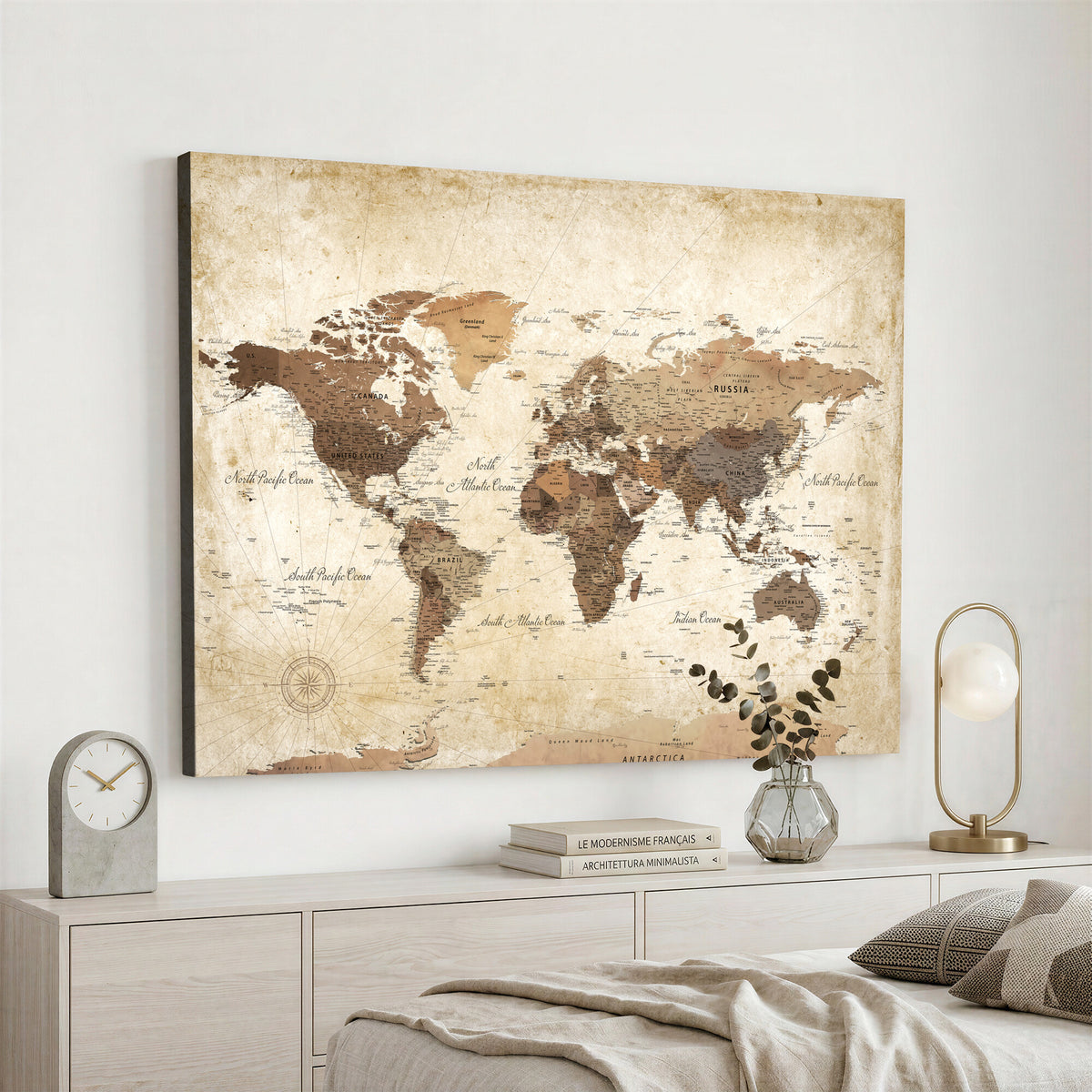 69154703D-MGV-CV-36X24 - Custom Push Pin World Map Wall Art Canvas Print – Personalized Travel Tracker with Pins Framed Large for Home and Office Decor