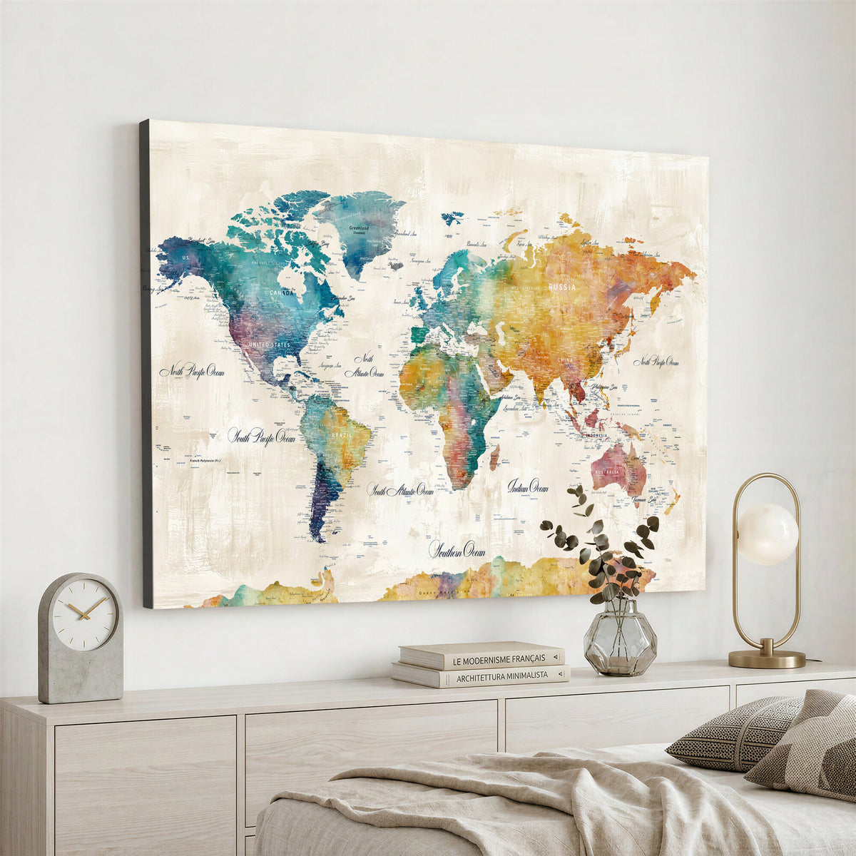 53654999D-MGV-CV-36X24 - Custom Push Pin World Map Wall Art Canvas Print – Personalized Travel Tracker with Pins Framed Large for Home and Office Decor