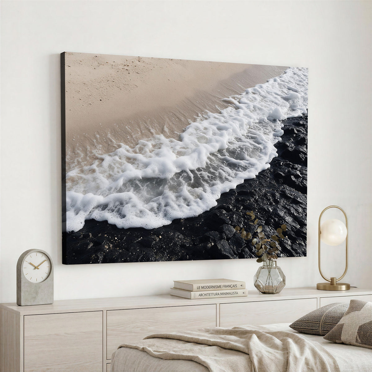 27448606-MGV-CV-24X16 - Ocean Wave Foam on Black Lava Rock Beach Canvas Wall Art Print