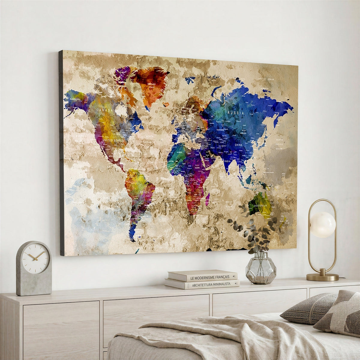 Colorful World Map Canvas Wall Art | Abstract Watercolor Map Print