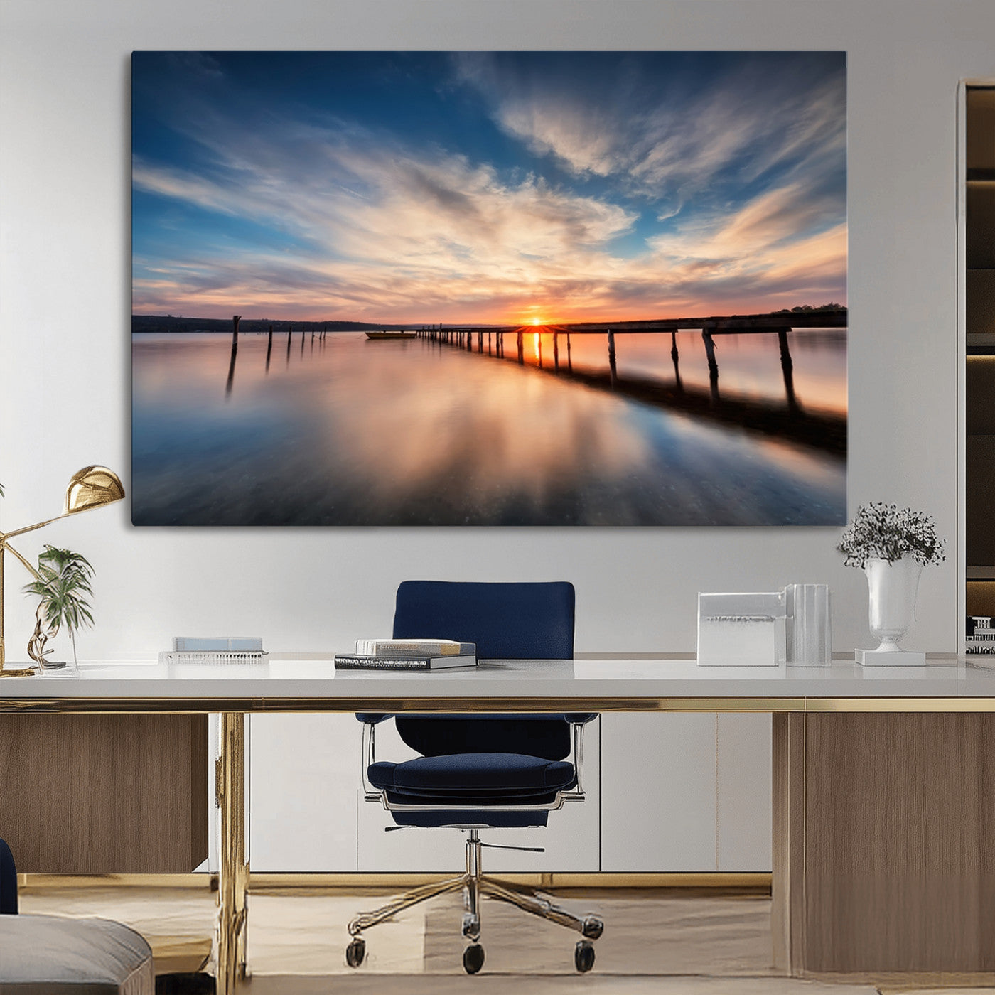 MGV-CV-36X24 - Wooden Pier on Seascape and Sunset Wall Art Canvas Print
