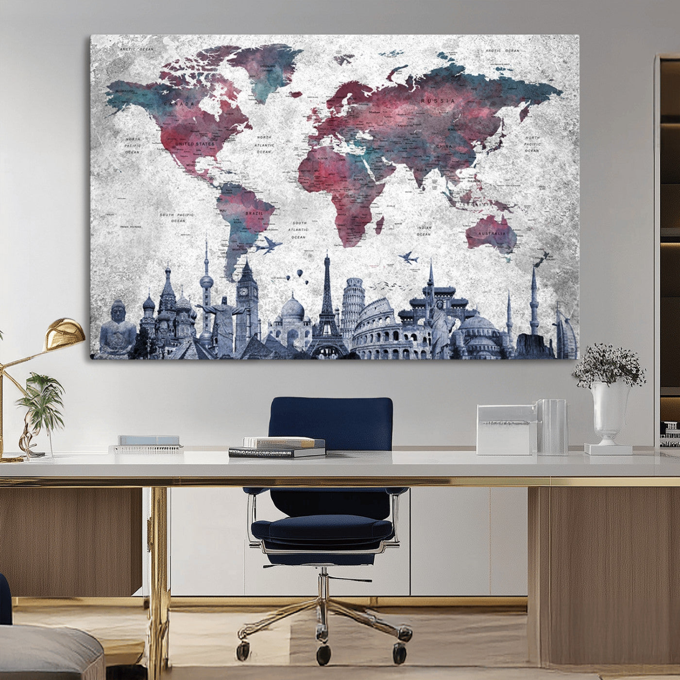 MGV-CV-36X24 - Push Pin World Map Canvas Print – Framed Wall Art for Couples to Track Their Travels – Anniversary
