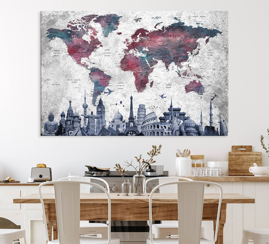 The dining room features a Blue Multipanel World Map Wall Art Canvas Print that adorns the wall, highlighting its neutral decor.