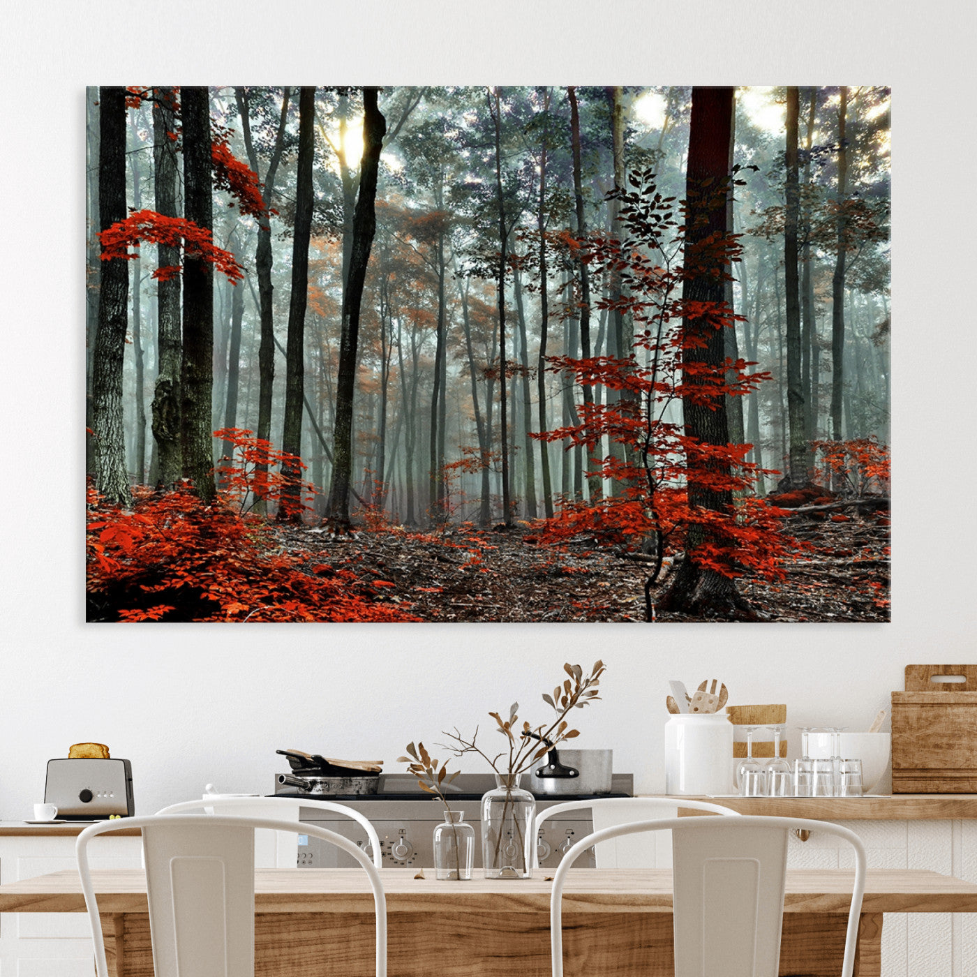 59209-MGV-CV-36X24-Autumn Forest Canvas Wall Art – Enchanting Red Leaves Triptych Print – Nature-Inspired Decor for Living Room or Office – Ready to Hang