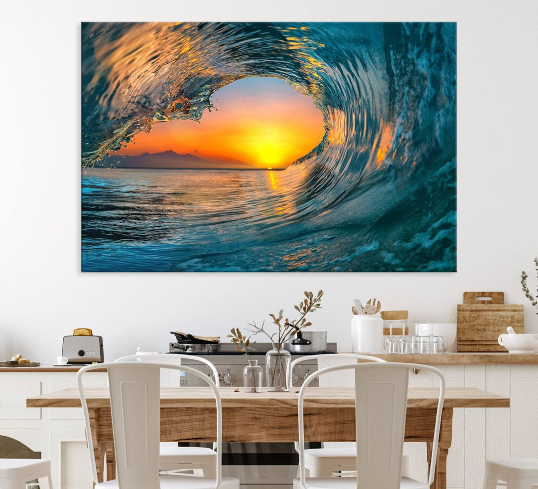 The Ocean Wave Sunset Wall Art canvas print features a vibrant ocean wave at sunset, forming a tunnel with silhouetted mountains.