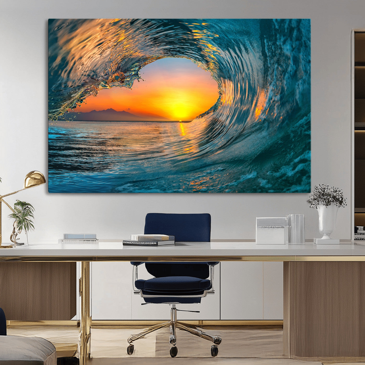 MGV-CV-36X24 - Ocean Wave Sunset Wall Art | Large Coastal Wave Canvas Print | 3-Panel Ocean Sunset Seascape for