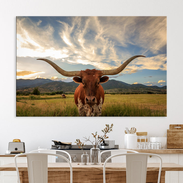 Texas Longhorn Canvas Wall Art – Majestic Triptych Animal Print – Rustic Western Decor for Living Room or Office – Ready to Hang