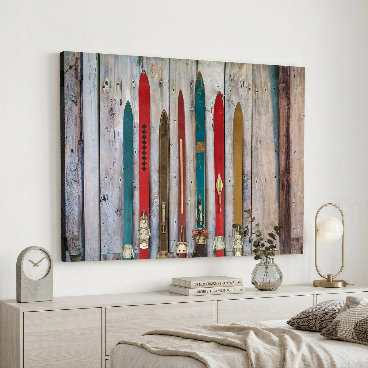 30640-MGV-CV-36X24 - Vintage Wooden Weathered Skis in Front of an Old Barn Wall Art Canvas Print