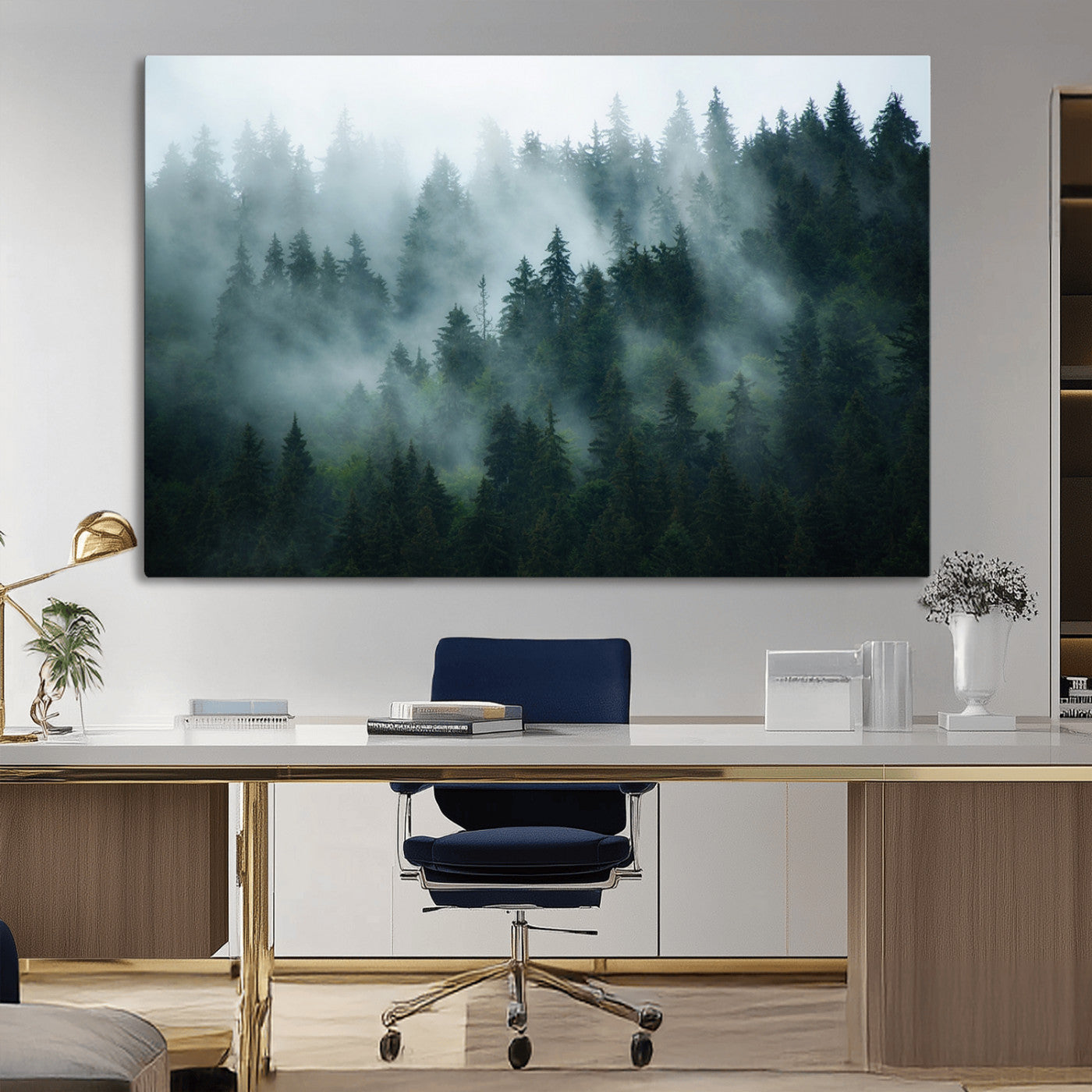 MGV-CV-36X24 - Foggy Forest 3-Panel Canvas Wall Art | Large Giclée Nature Scene Print for Living Room, Office, or