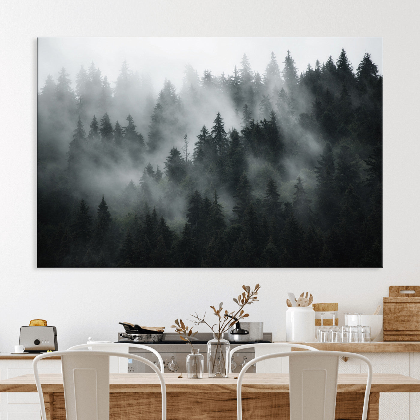 52359-MGV-CV-36X24-Foggy Forest Wall Art Canvas Print | 3 Panel Large Misty Landscape for Dining Room, Office, or Living Room | Ready to Hang Nature Deco