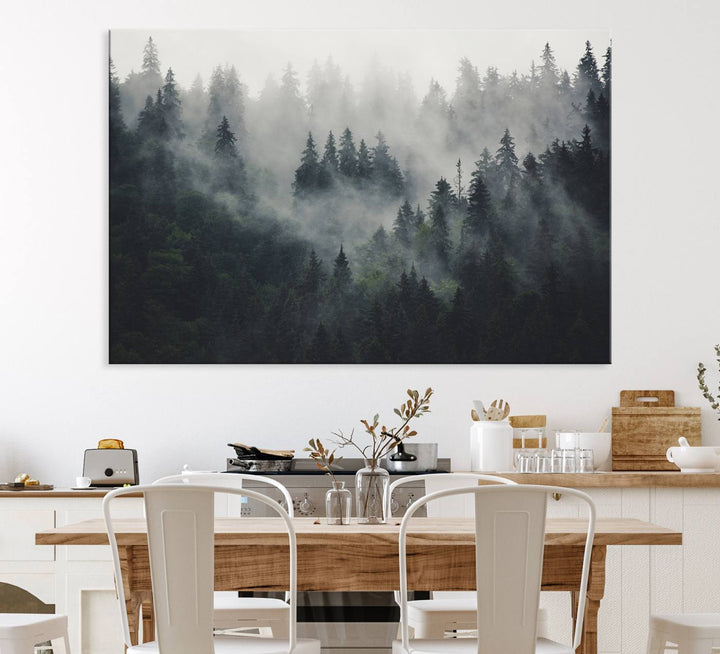 The Serene Triptych Print features tall evergreens, creating a mysterious and calming atmosphere.