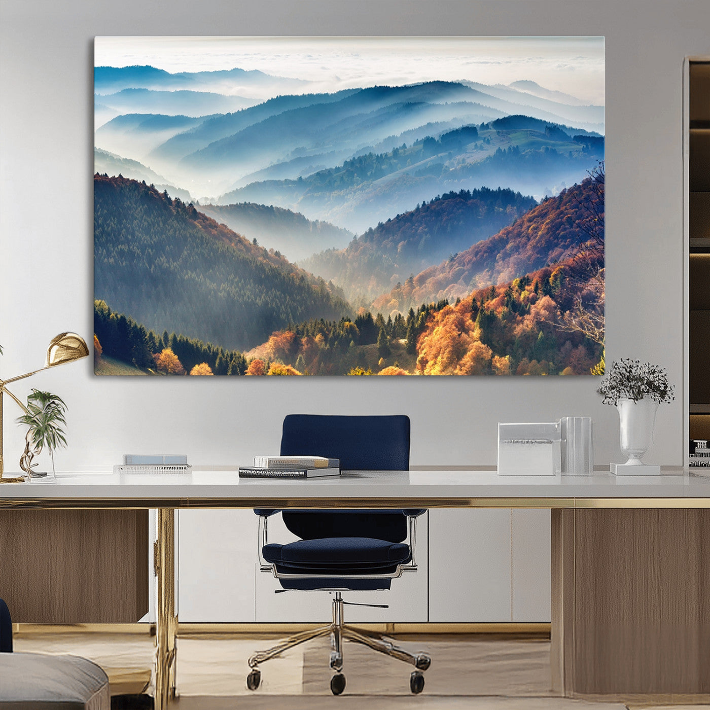 MGV-CV-36X24 - Misty Mountain Sunrise Triptych Canvas Print – Autumn Landscape Wall Art – Scenic Nature Decor –