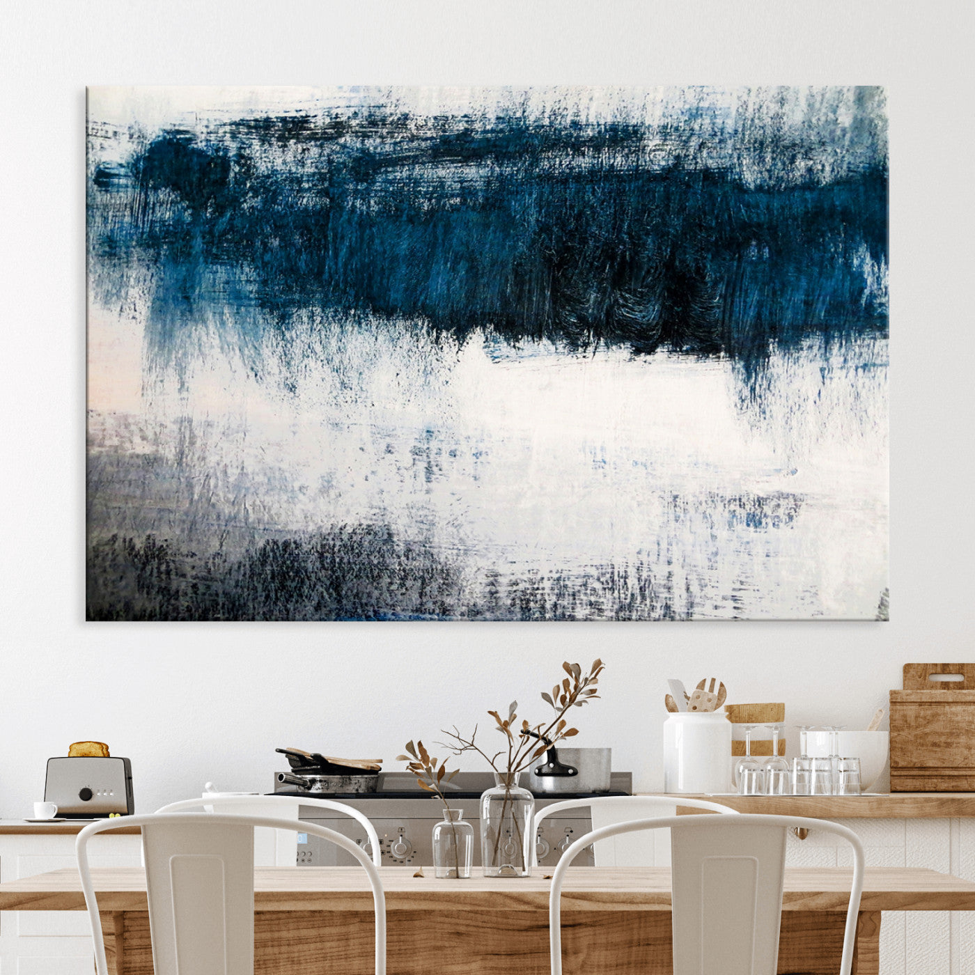 38954-MGV-CV-36X24-Abstract Blue and White Canvas Art | Large Wall Art for Modern Living Room Decor | Minimalist Brushstroke Painting on Canvas