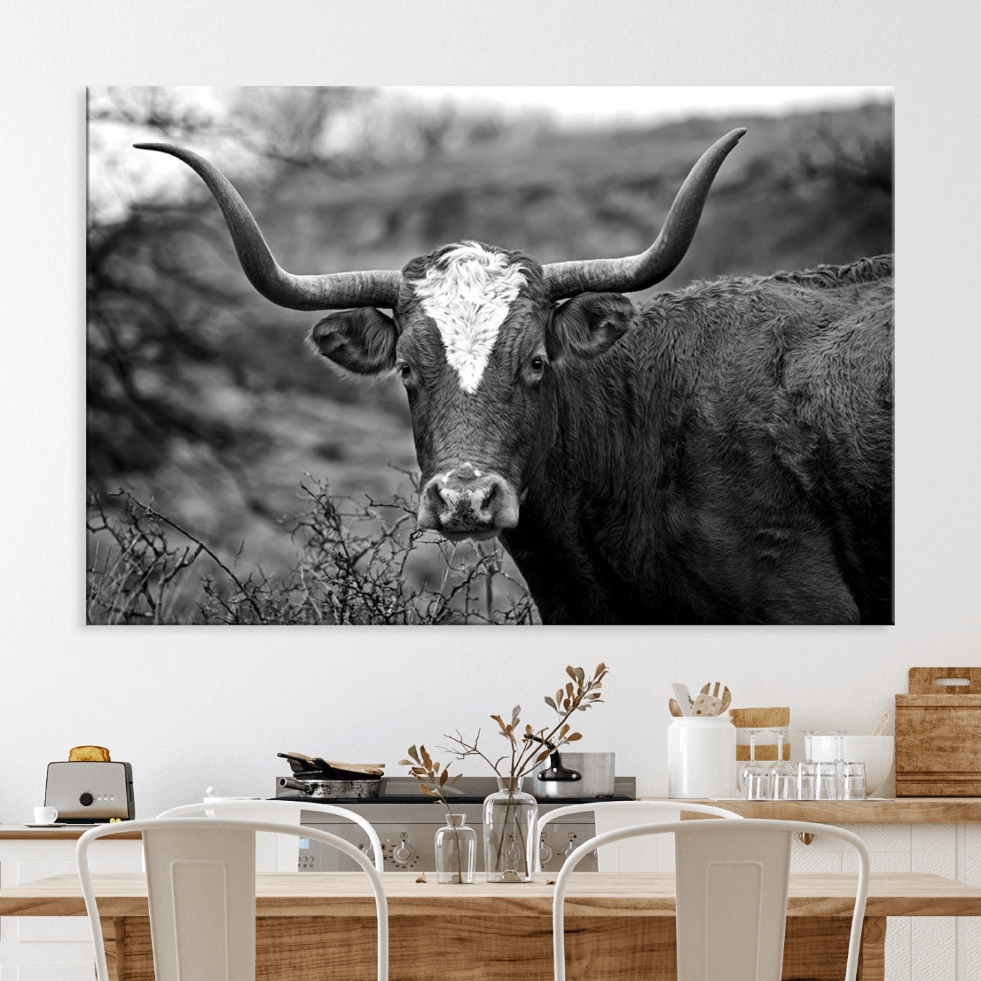 76200-MGV-CV-36X24-Western Home Wall Art Canvas Print, Framed Texas Longhorn Art Picture Print, Rustic Cow Perfect Rustic Farmhouse Decor Artwork
