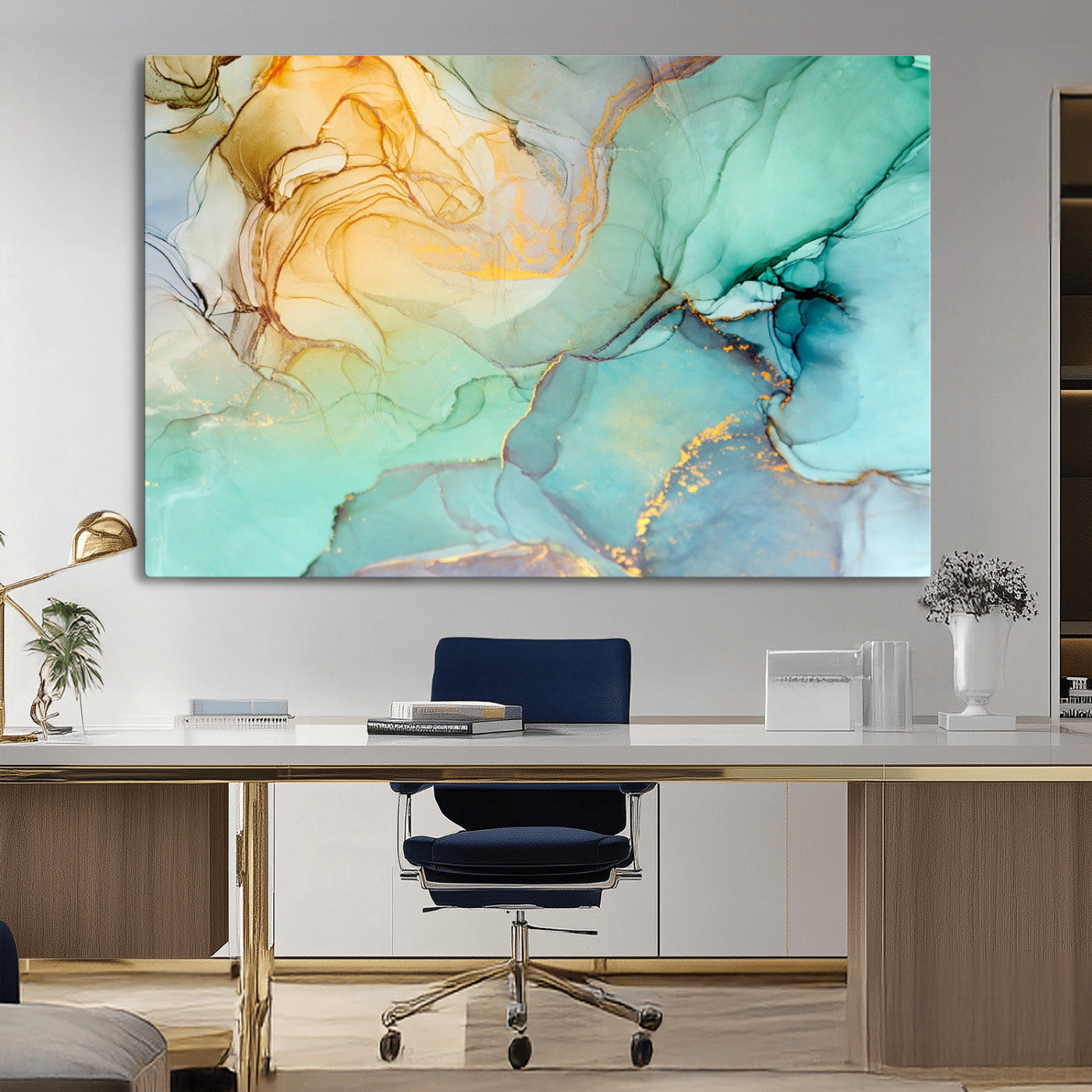MGV-CV-36X24 - Abstract Aqua and Gold Fluid Wall Art Canvas | 3 Panel Large Canvas Print for Living Room, Office,