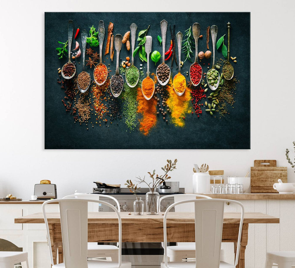 The Herbs and Spices Kitchen Wall Art Canvas Print showcases colorful spices elegantly arranged on spoons.