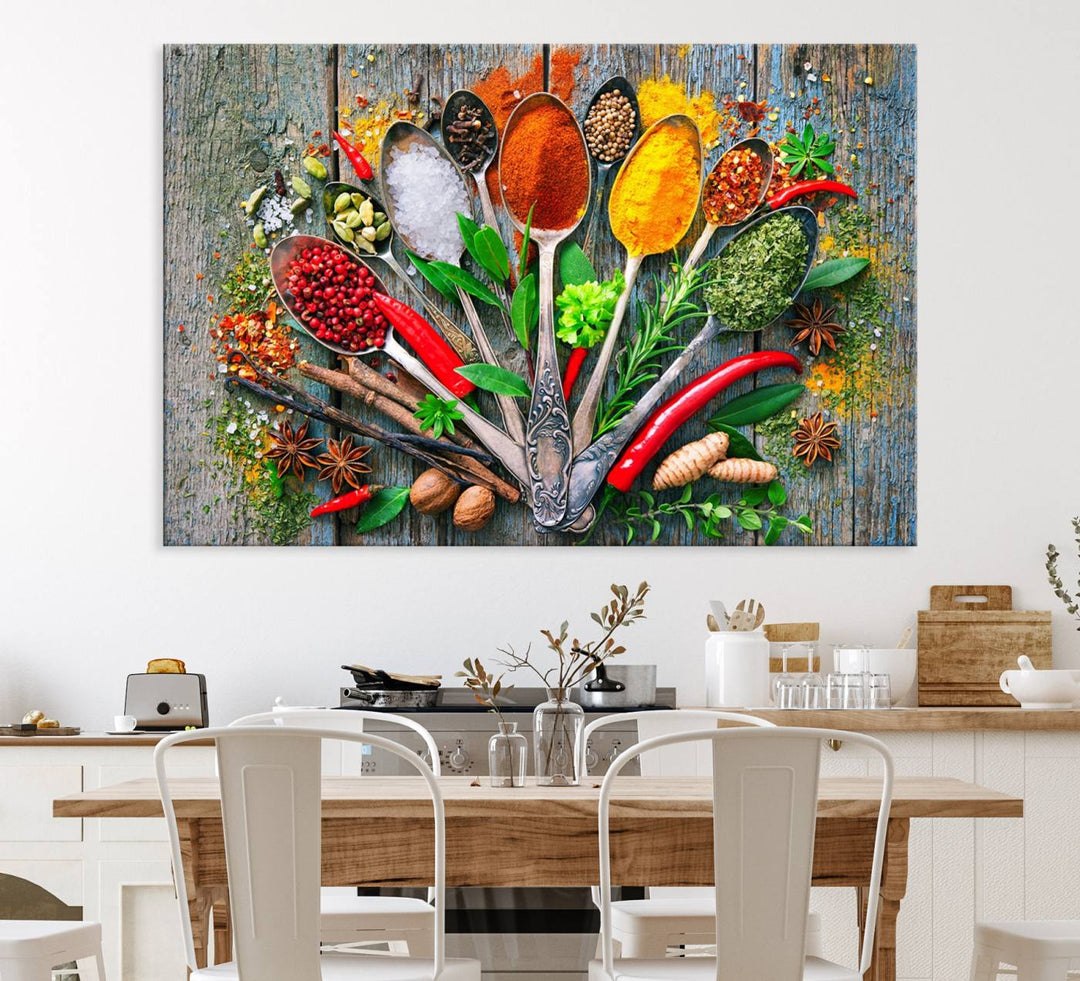 Vibrant Spoonful of Spices kitchen wall art canvas, a culinary triptych ideal for any dining room decor.