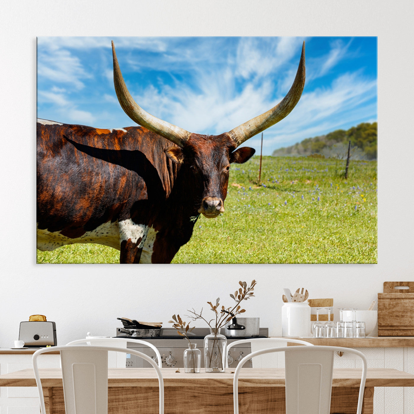 47037-MGV-CV-36X24-Longhorn and Cow Wall Art, Country Cow Wall Decor Canvas Print