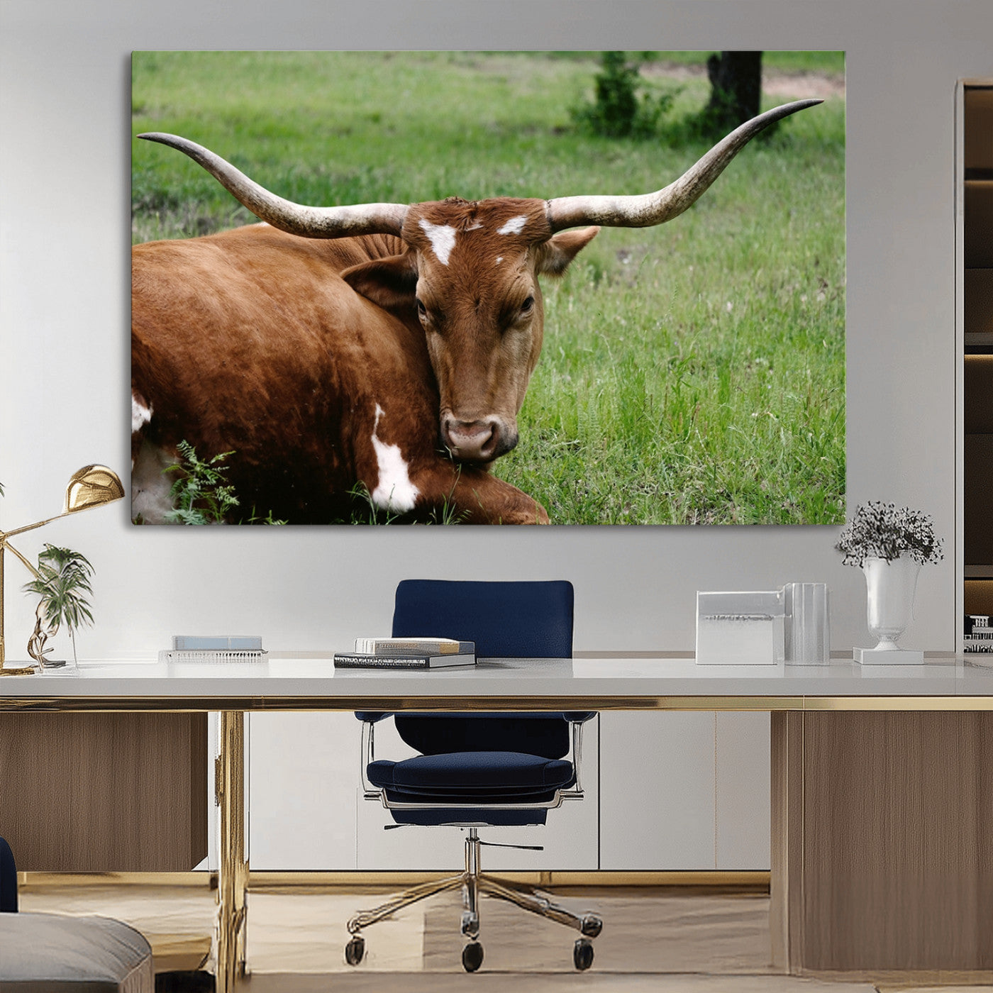 MGV-CV-36X24 - Longhorn Steer Canvas Wall Art – Rustic Nature Triptych Decor for Living Room or Office – Ready to