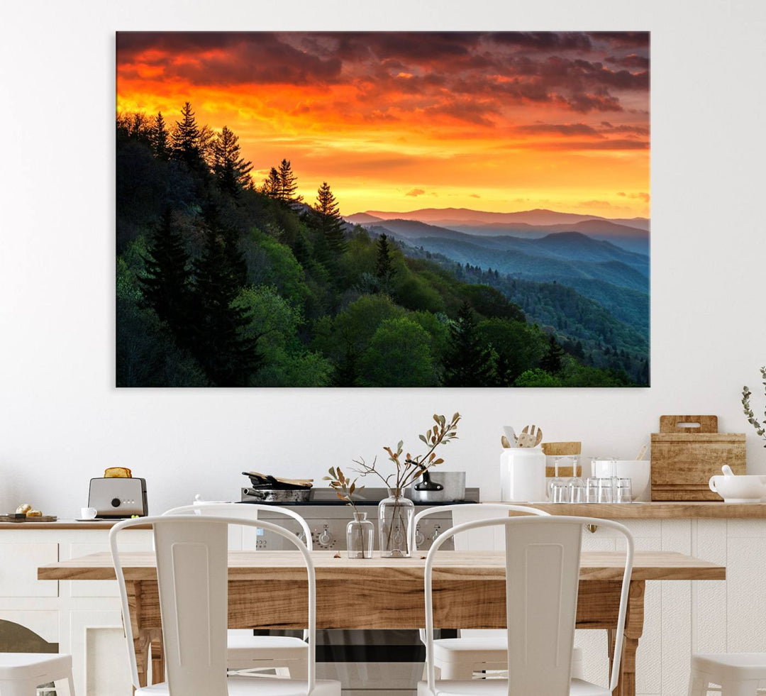 The Great Smoky Mountains Sunset Wall Art, a 3-panel print, beautifully captures natures beauty and is perfect for living room or office decor.