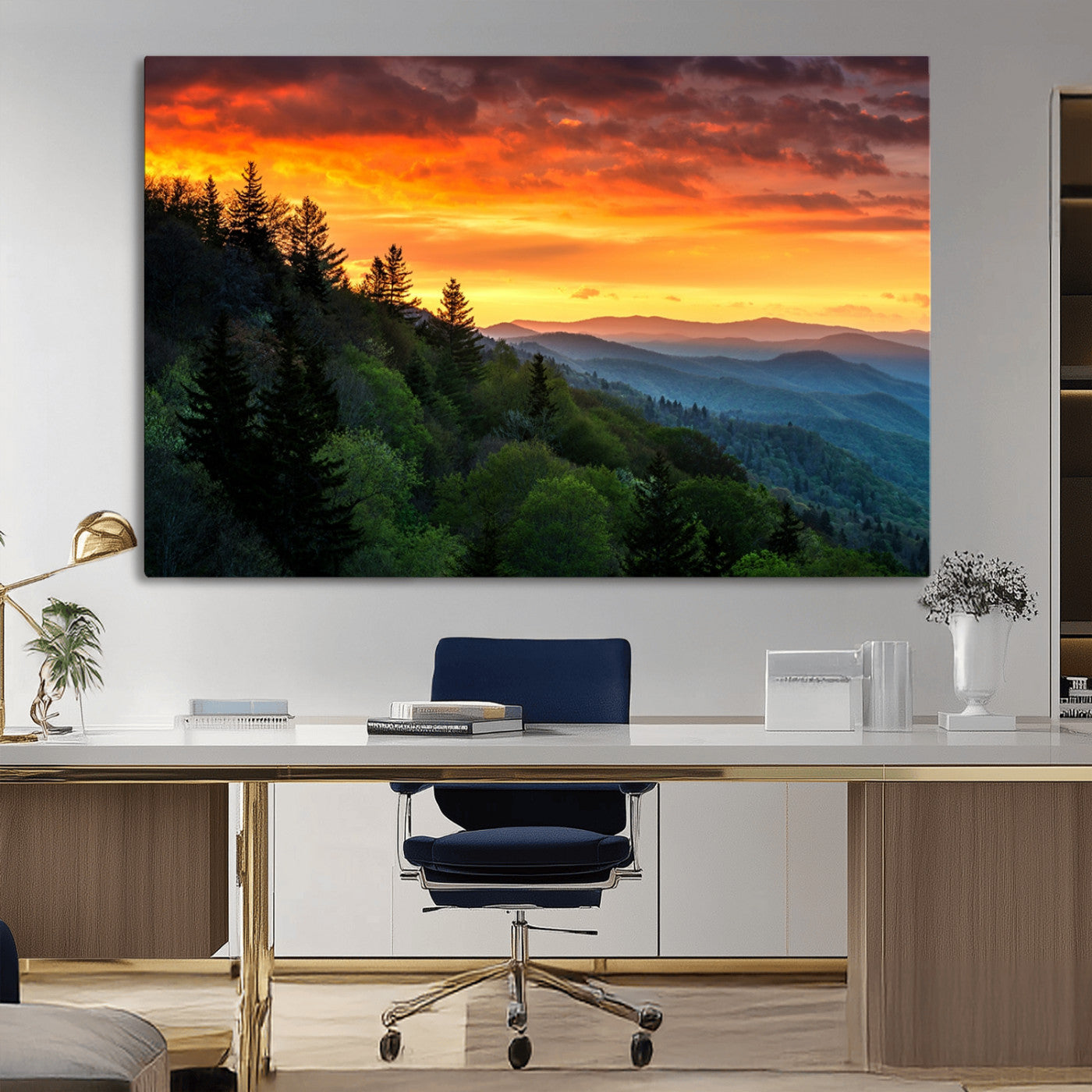 MGV-CV-36X24 - Great Smoky Mountains Sunset Wall Art Canvas Print | 3 Panel Large Nature Landscape Photography for