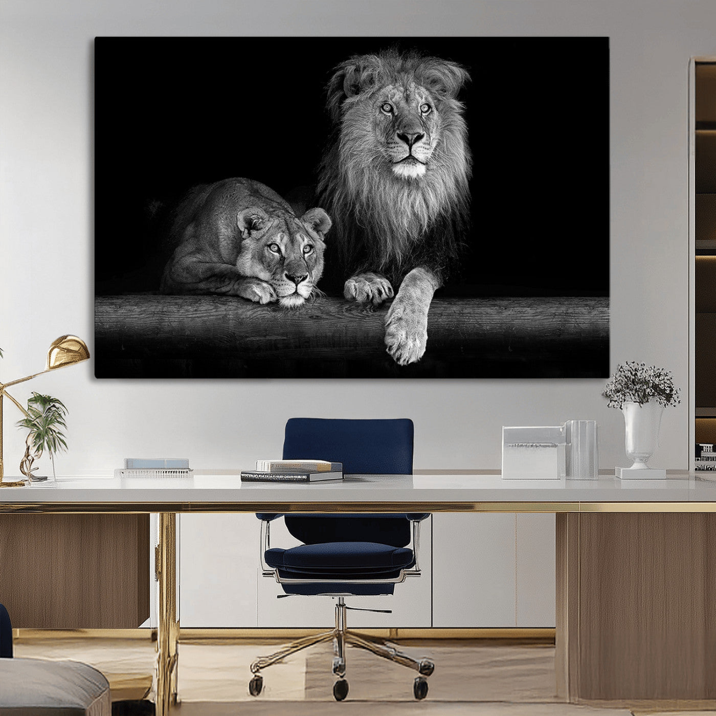 MGV-CV-36X24 - Large Black and White Lion Couple Wall Art Canvas Print