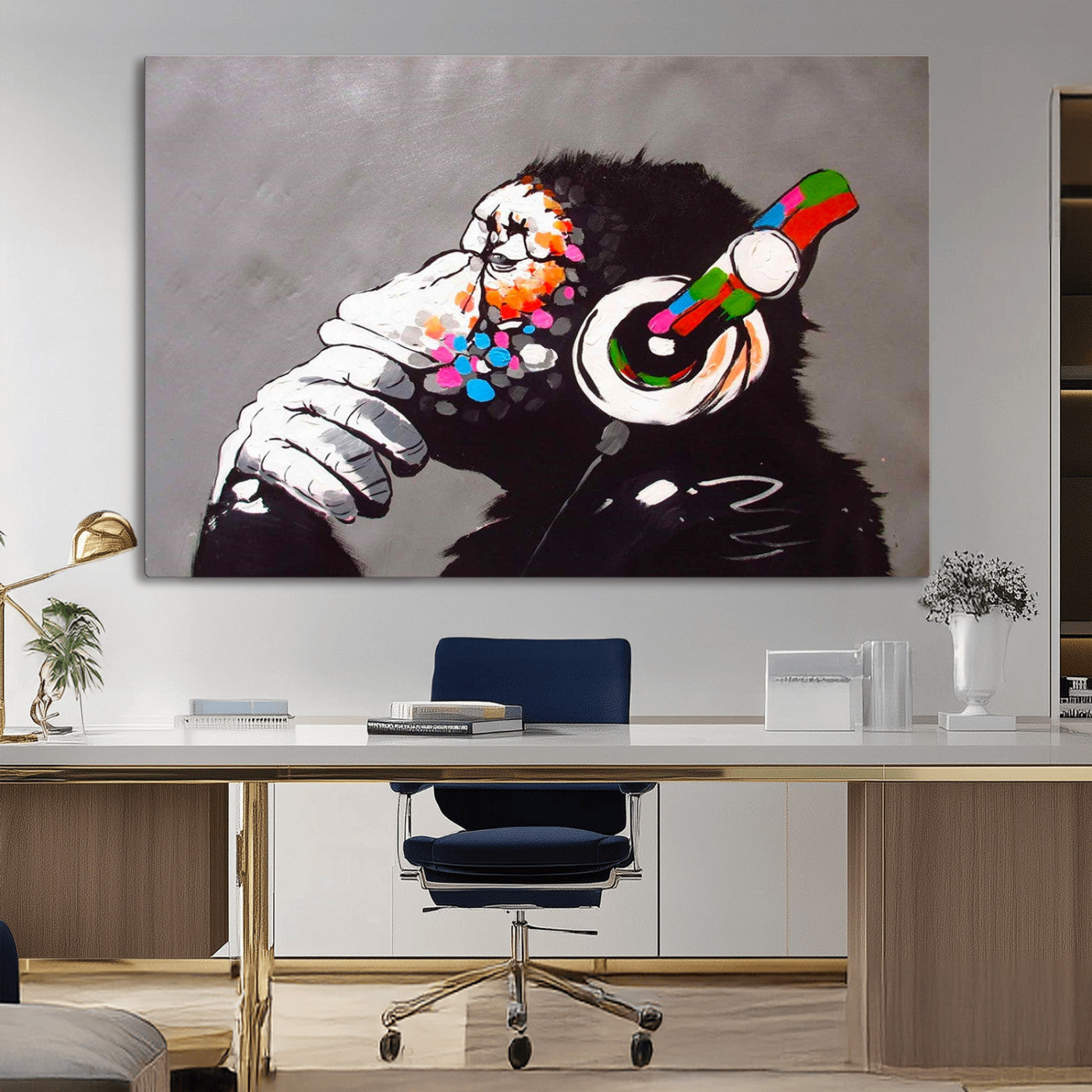 MGV-CV-36X24 - Dj Monkey Listening to Music Wall Art Print | Banksy Monkey Large Canvas Print for Living Room,