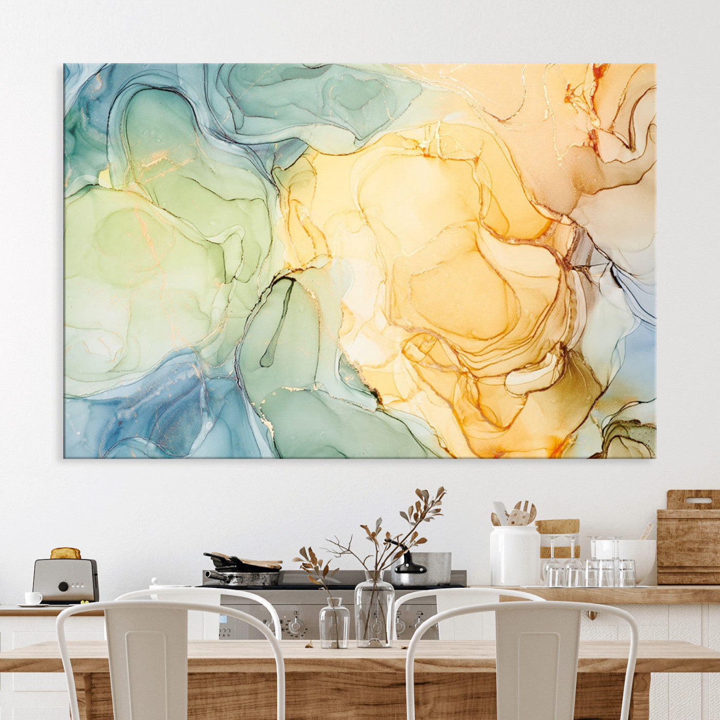 42195-MGV-CV-36X24-Green and Yellow Marble Fluid Effect Wall Art, Green and Yellow Marble Canvas Wall Art Print