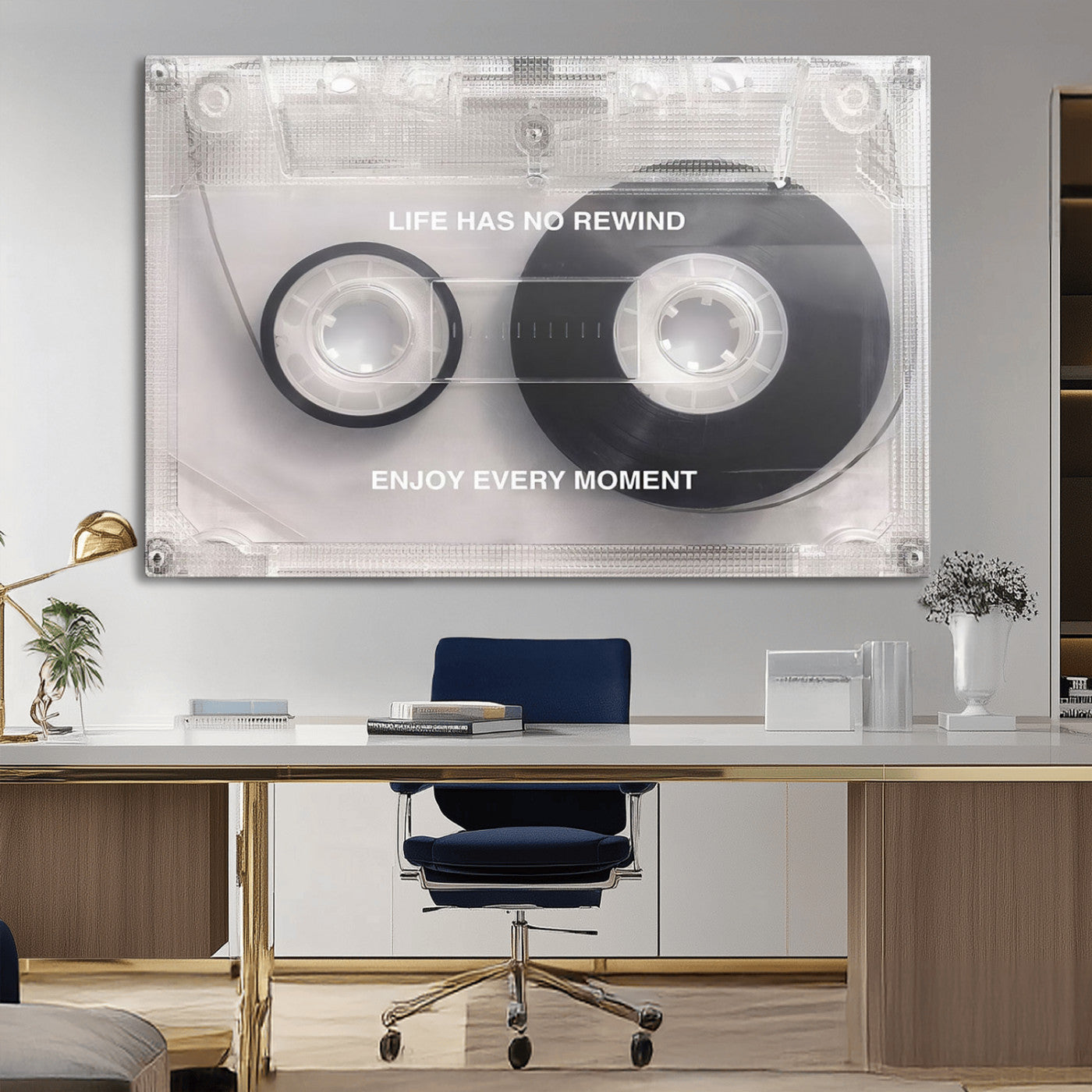 MGV-CV-36X24 - Vintage Cassette Tape Canvas Wall Art - Inspirational 'Life Has No Rewind' Quote, Retro Music Decor