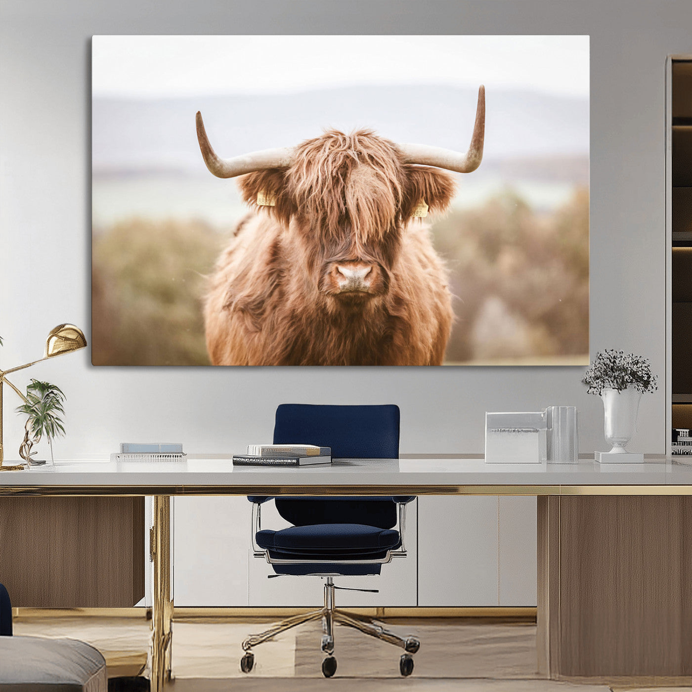 MGV-CV-36X24 - Scottish Serene Highland Cow Canvas Wall Art – Serene Highland Cow in Natural Pastel Tones – Ready