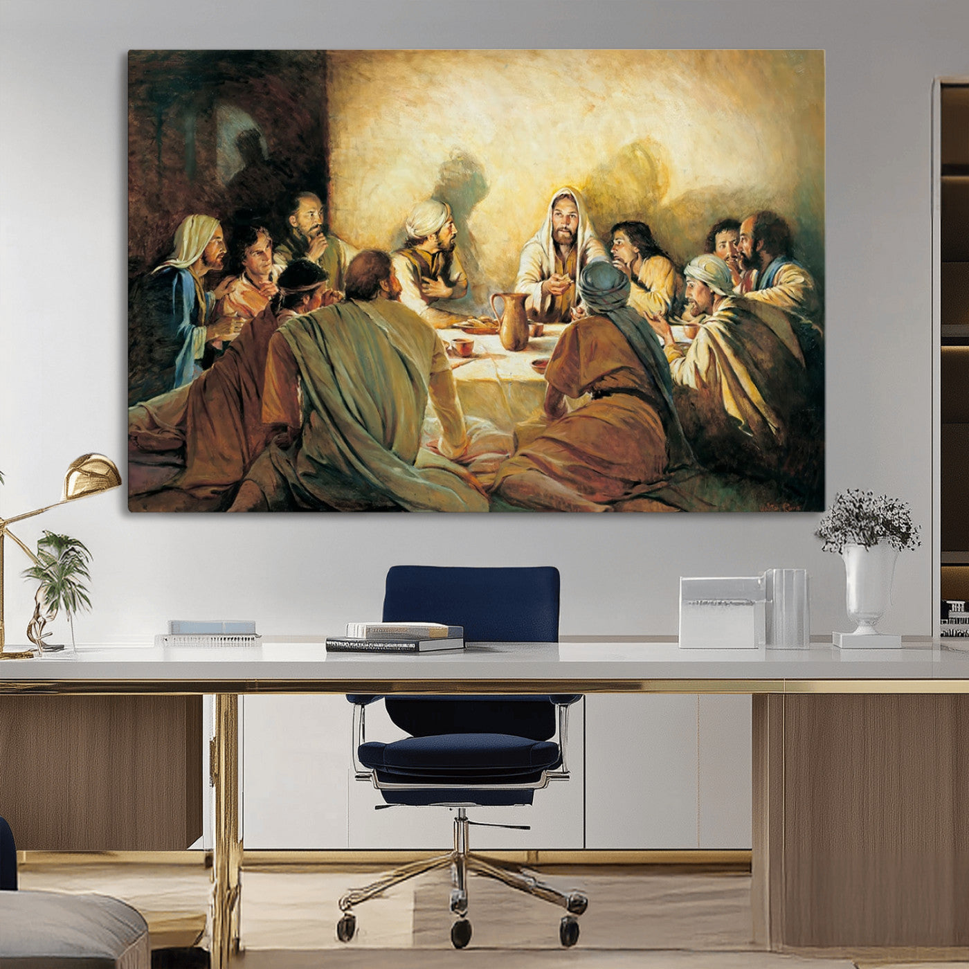 Framed canvas print of the Last Supper, depicting Jesus and his disciples, perfect for religious or Christian-themed home decor.