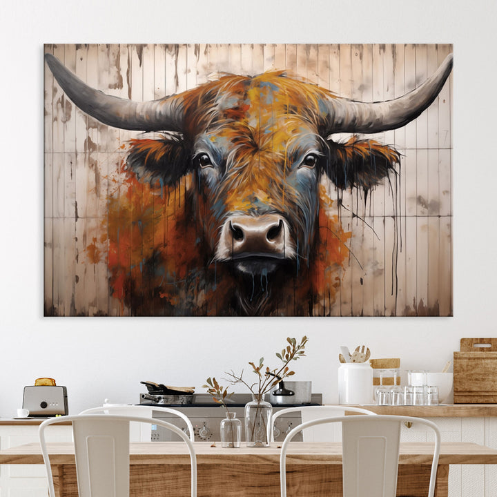 Scottish Highland Cow Cattle Art Print on Wood Style Background