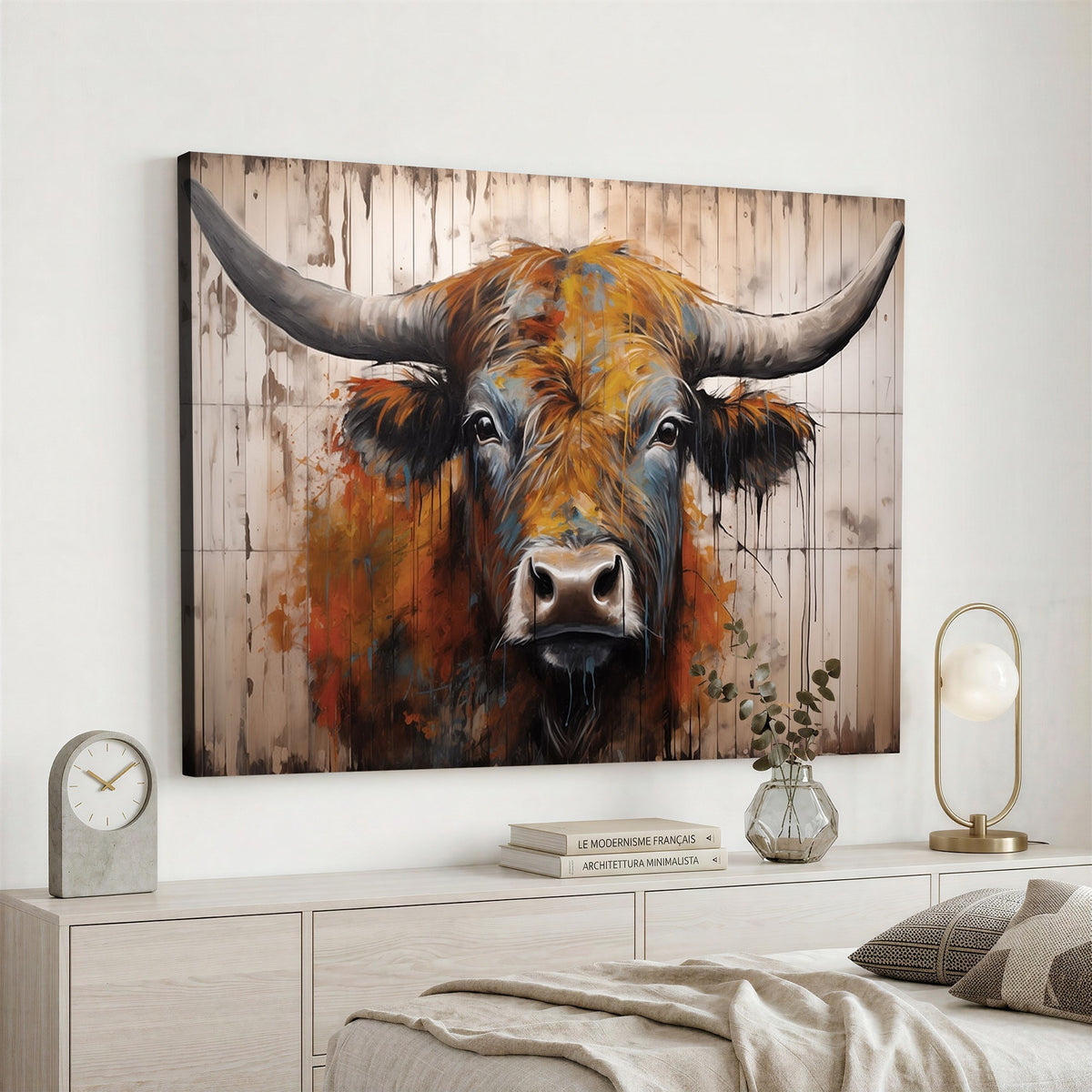 47284-MGV-CV-24X16 - Abstract Bull Highland Cow Canvas Wall Art Print