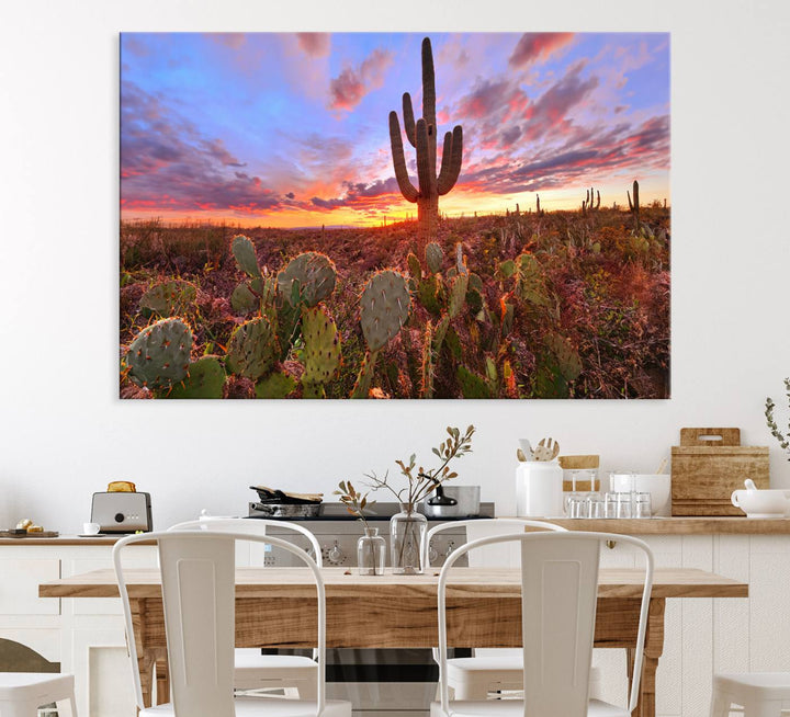 The Arizona Desert Sunset Wall Art Canvas Print featuring cacti is displayed.