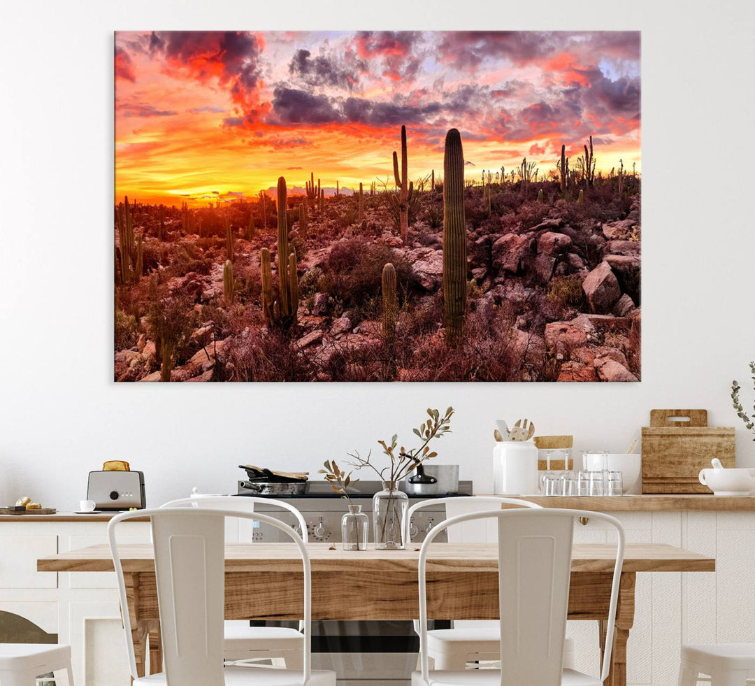 A vibrant desert sunset with cacti, perfect Western Cowboy Wall Art Print.