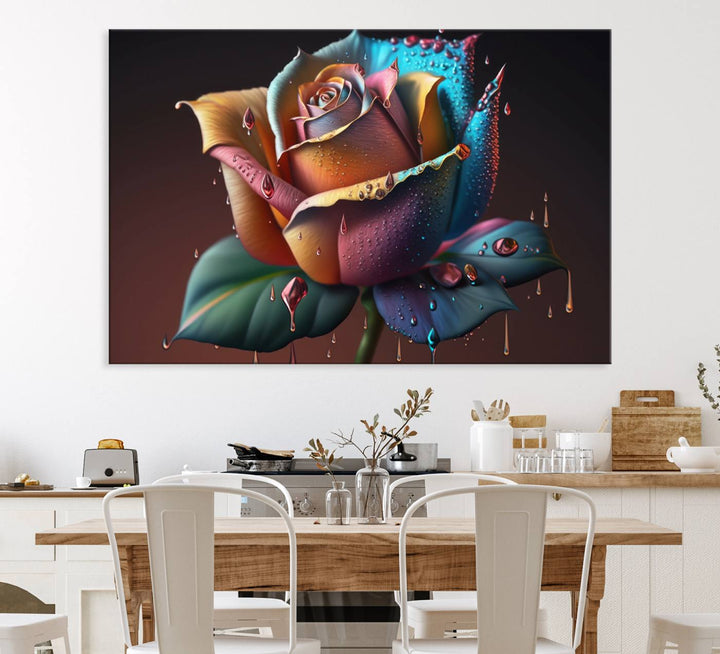 The Abstract Rose Wall Art Canvas Print displays a rose with droplets.