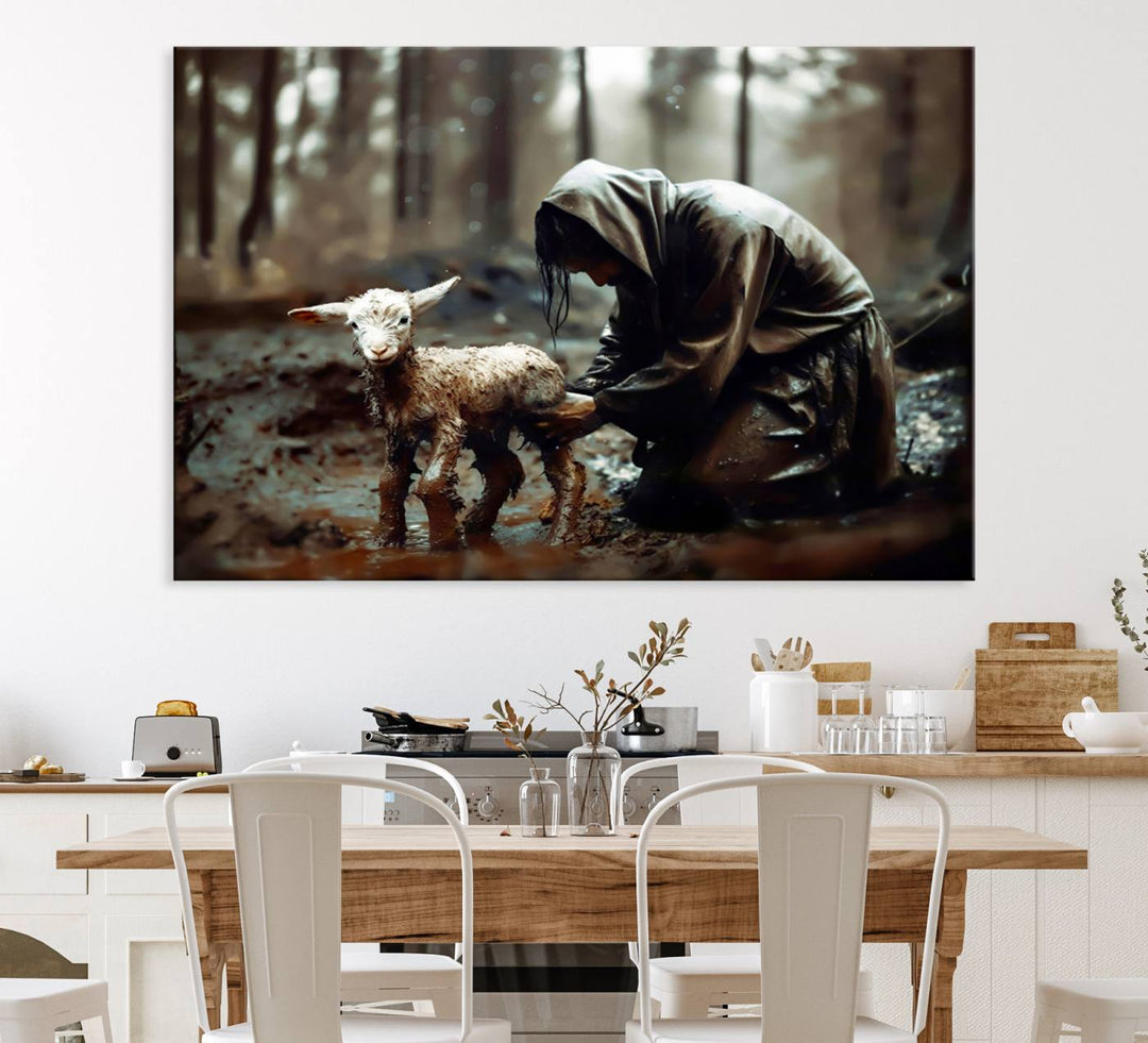 Jesus Lost Lamb Wall Art: A cloaked figure tends a lamb in a muddy forest.