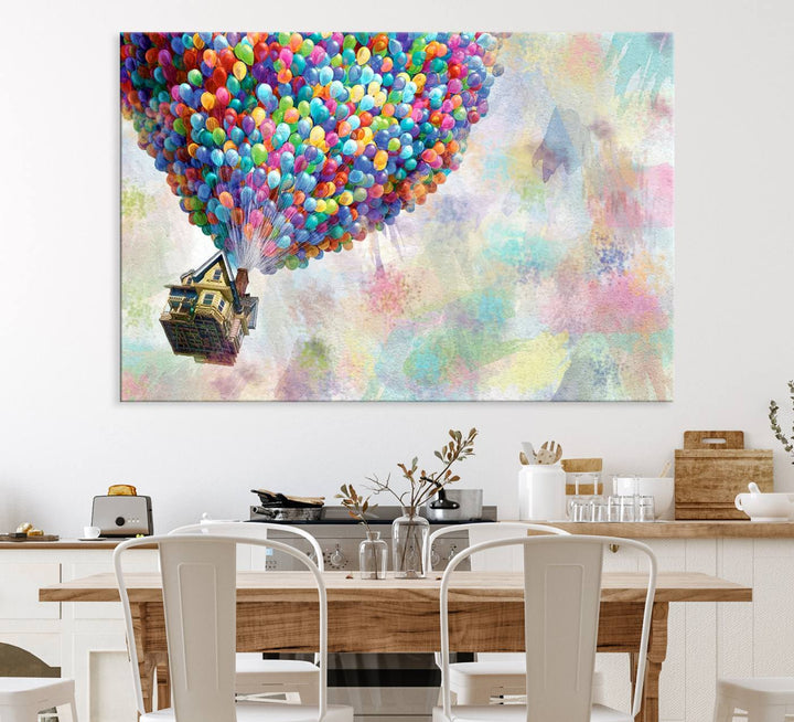 The Up Pixar Poster is a dreamy wall art depicting a house lifted by balloons.