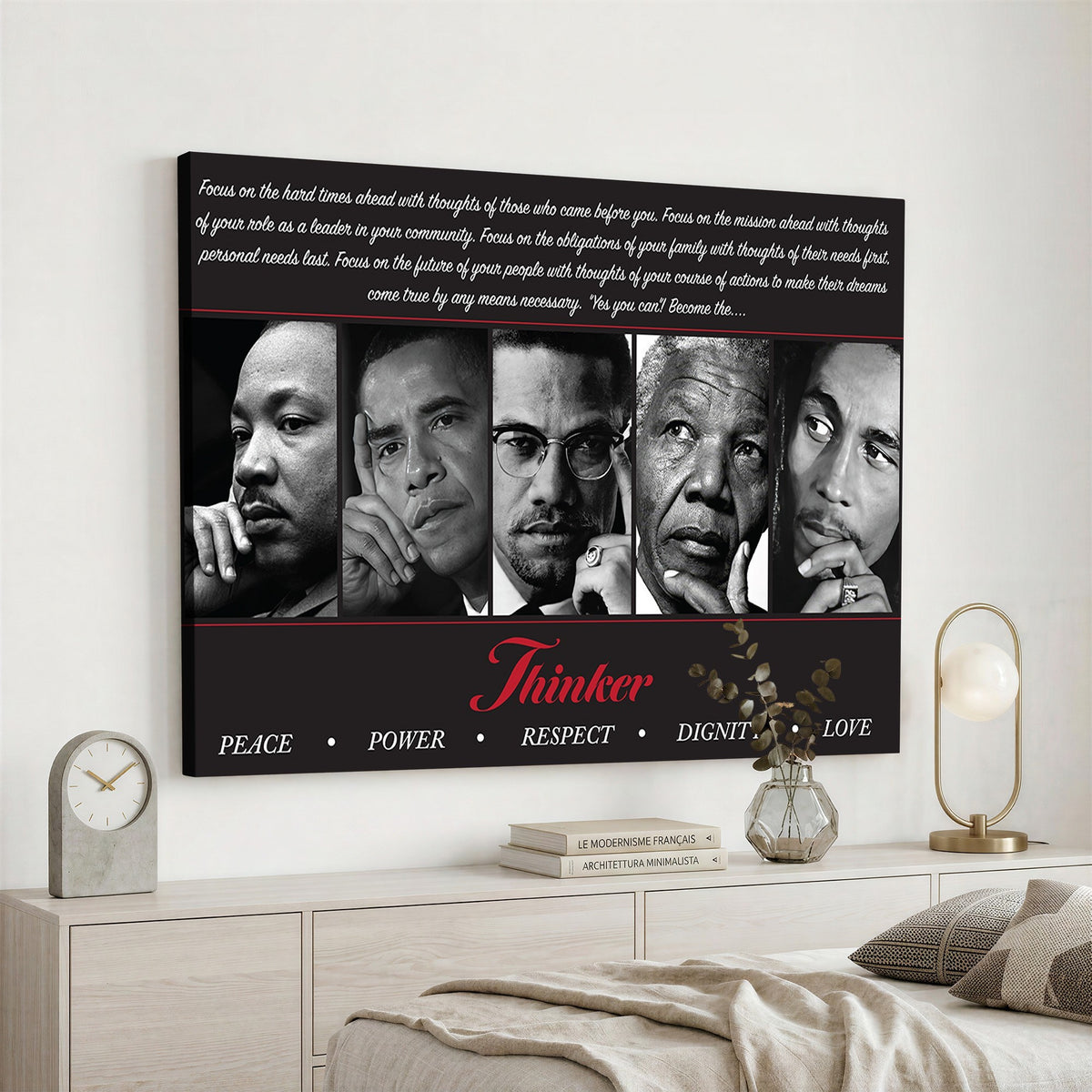 45112-MGV-CV-24X16 - Thinker Quintet Canvas Wall Art | Martin, Obama, Malcolm X, Mandela, Marley, Peace Power Respect Dignity Love