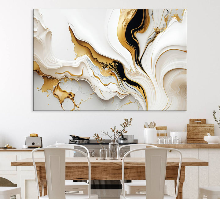 Modern interiors showcase Gold Waves on Pure White Canvas.