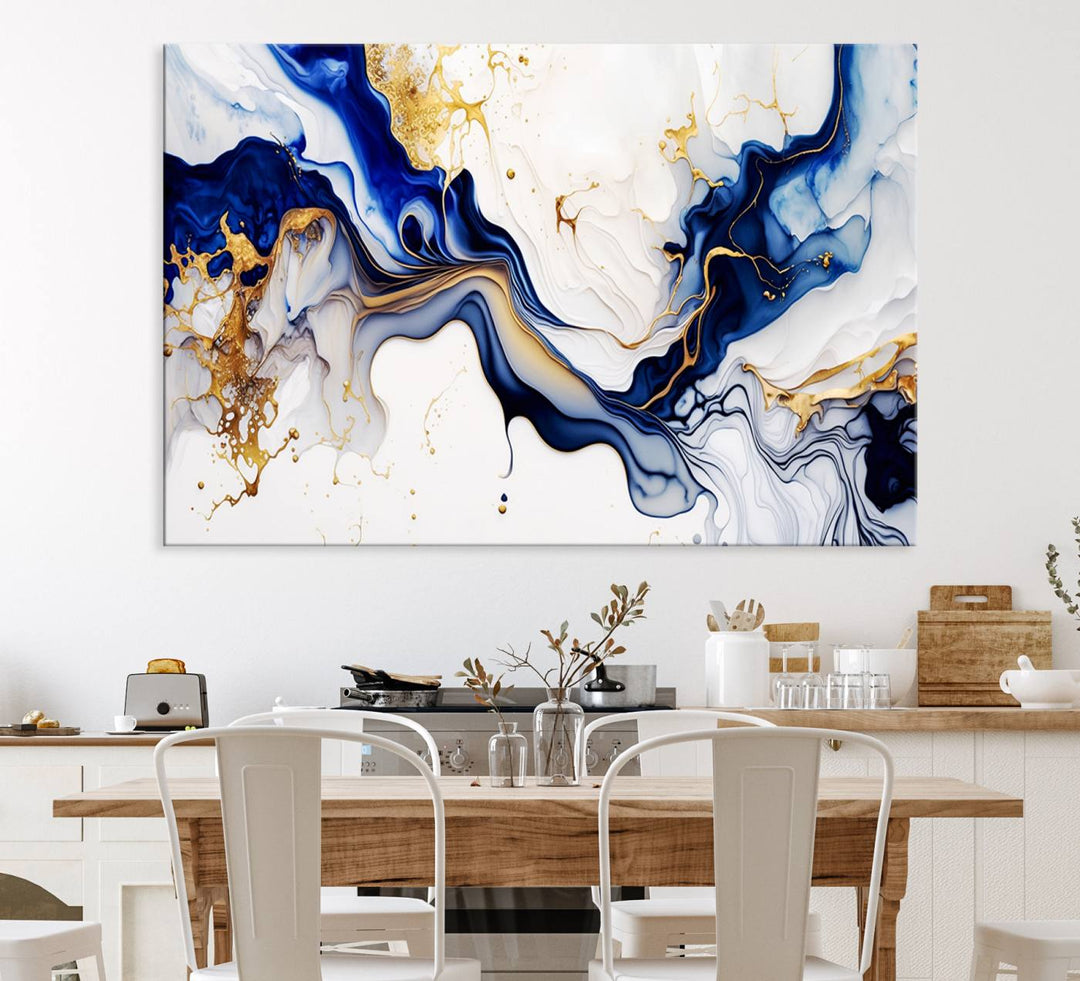 Golden Cascades on Midnight Blue wall art swirls above, featuring gold and white accents.