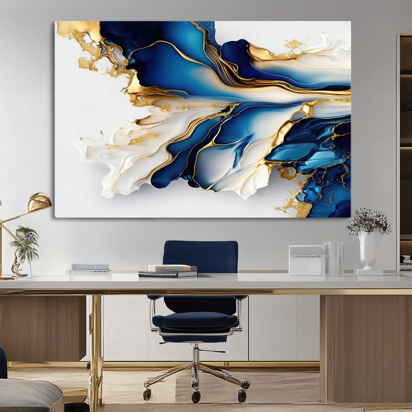 MGV-CV-36X24 - Gold Marble Art - Abstract Geode Gold And Blue Marble Shape 3 Pieces Wall Art Canvas Print