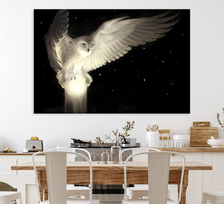 The Night Owl Art graces the wall with its depiction of a snowy owl on a glowing orb, perfect for modern decor.