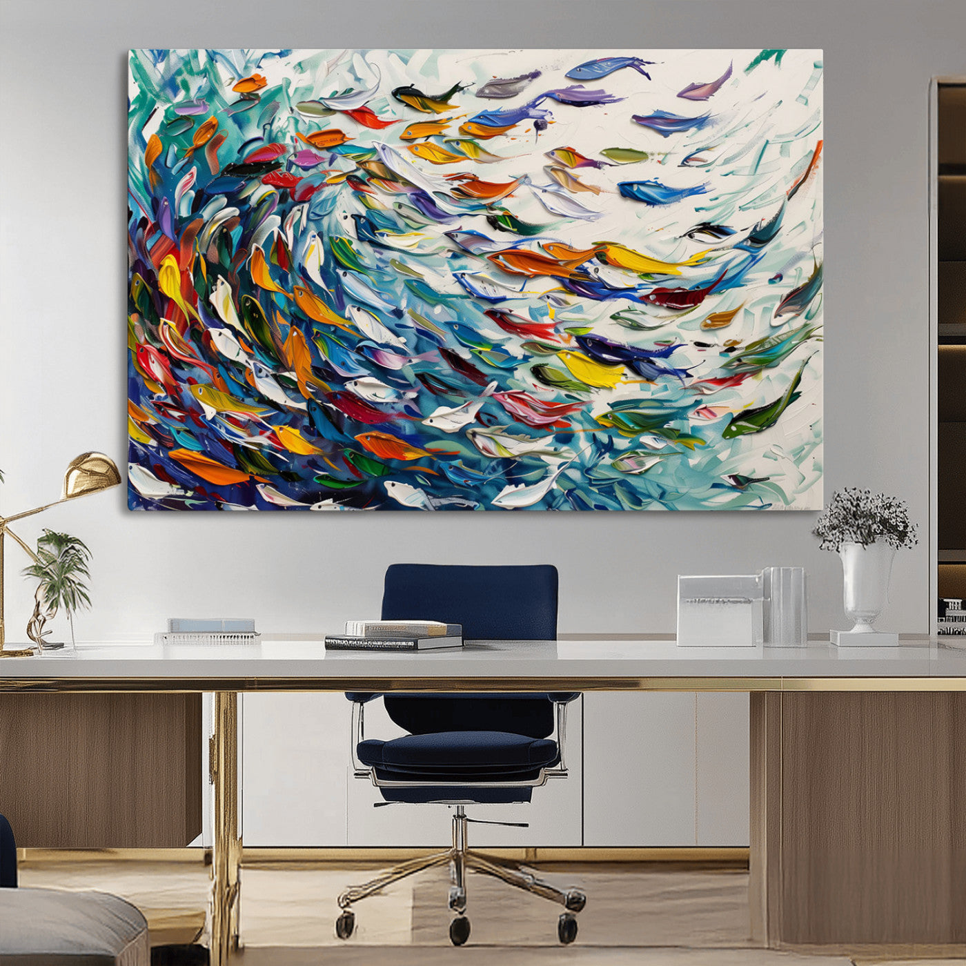 MGV-CV-36X24 - Modern Abstract Fish Shoal Wall Art Canvas Print, Colorful Fish Herd Painting on Canvas Print, Ocean
