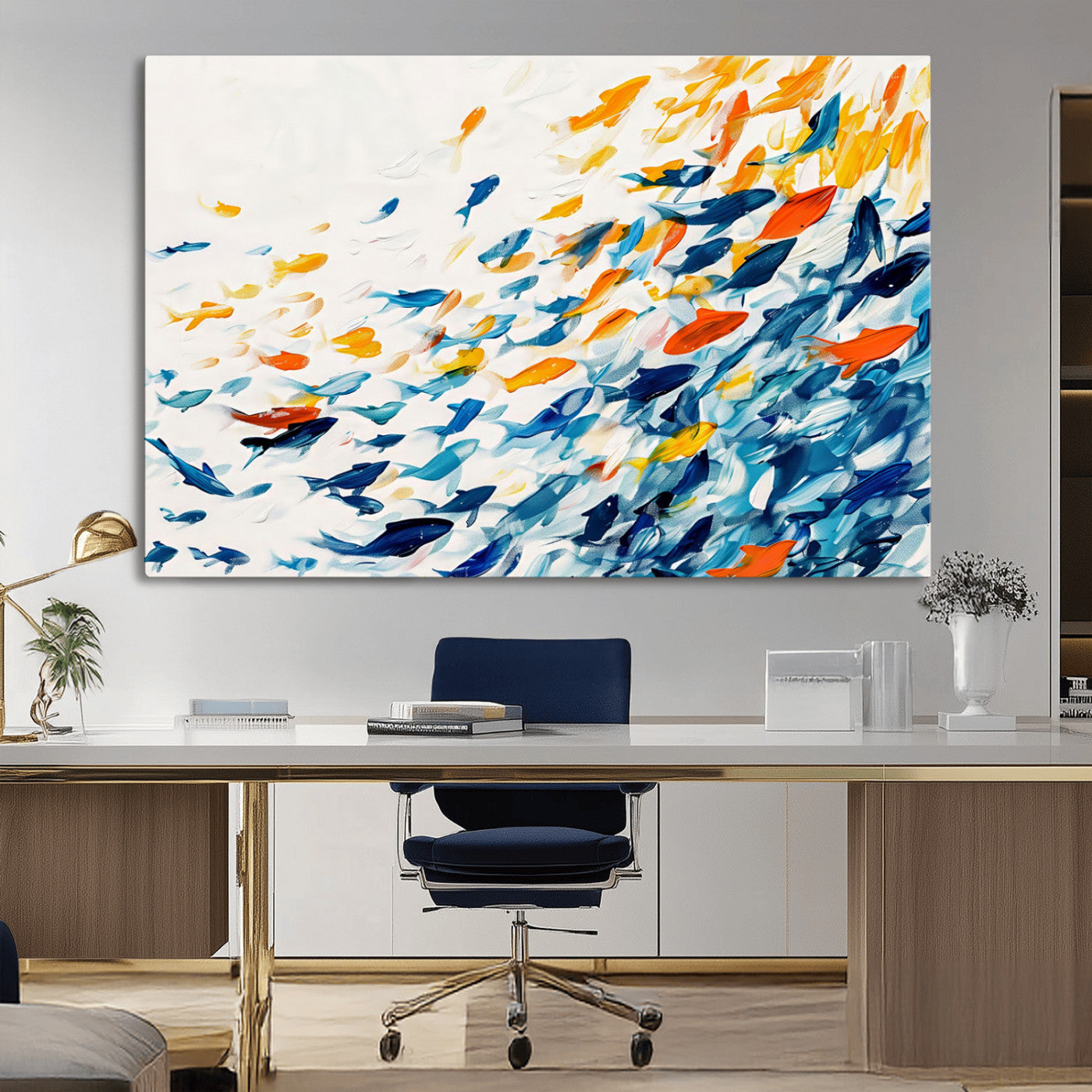 MGV-CV-36X24 - Abstract Fish Shoal Wall Art Canvas Print, Colorful Fish Herd Painting on Canvas Print, Ocean Animal