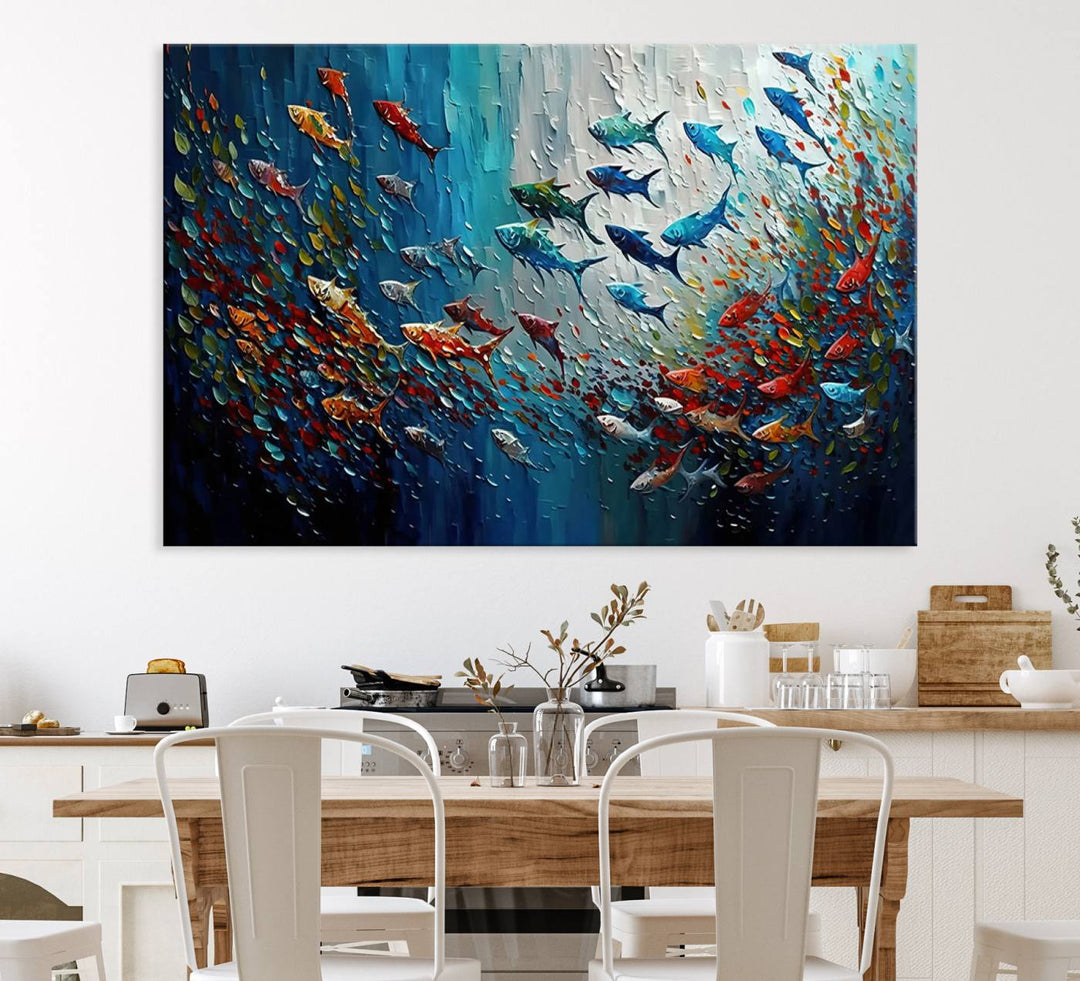 Modern Abstract Fish Shoal Wall Art features blue, red, and orange fish.