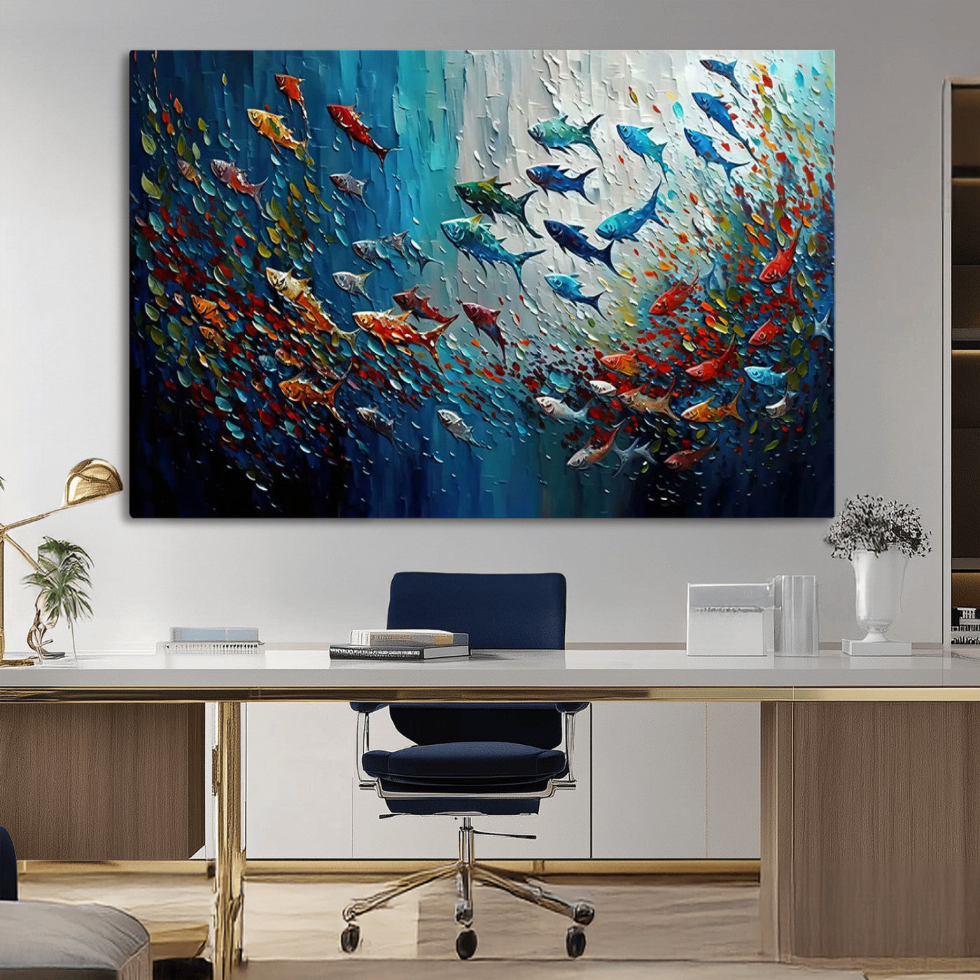 MGV-CV-36X24 - Modern Abstract Fish Shoal Wall Art Canvas Print, Colorful Fish Herd Painting on Canvas Print, Ocean