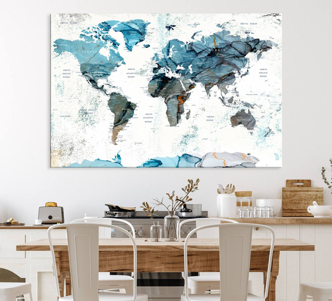 Push Pin World Map Wall Art Canvas Print adds a touch of elegance to the home decor.