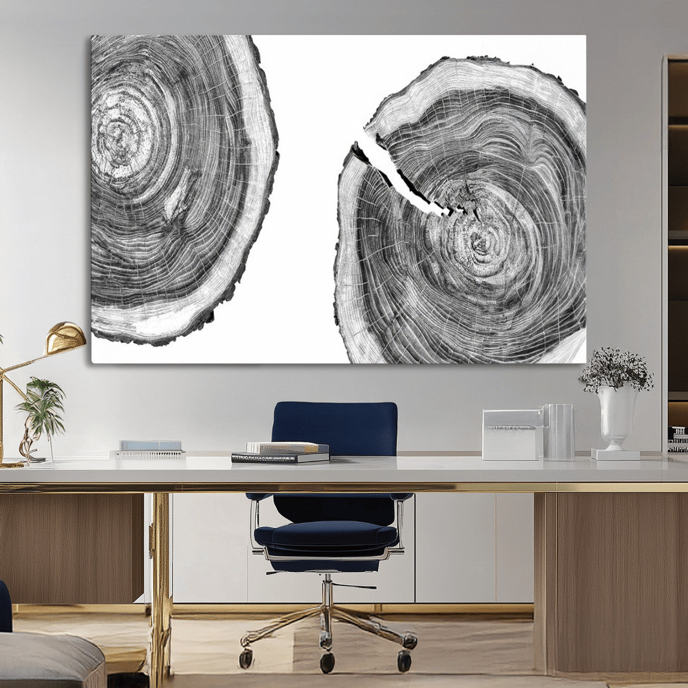 MGV-CV-36X24 - Modern Black and White Tree Rings Canvas Wall Art – Nature Inspired Wood Slice Print – Minimalist