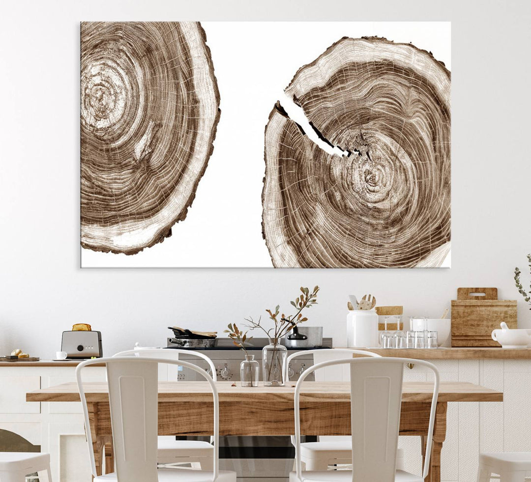 Wood Tree Ring Wall Art on a minimalist black and white canvas.